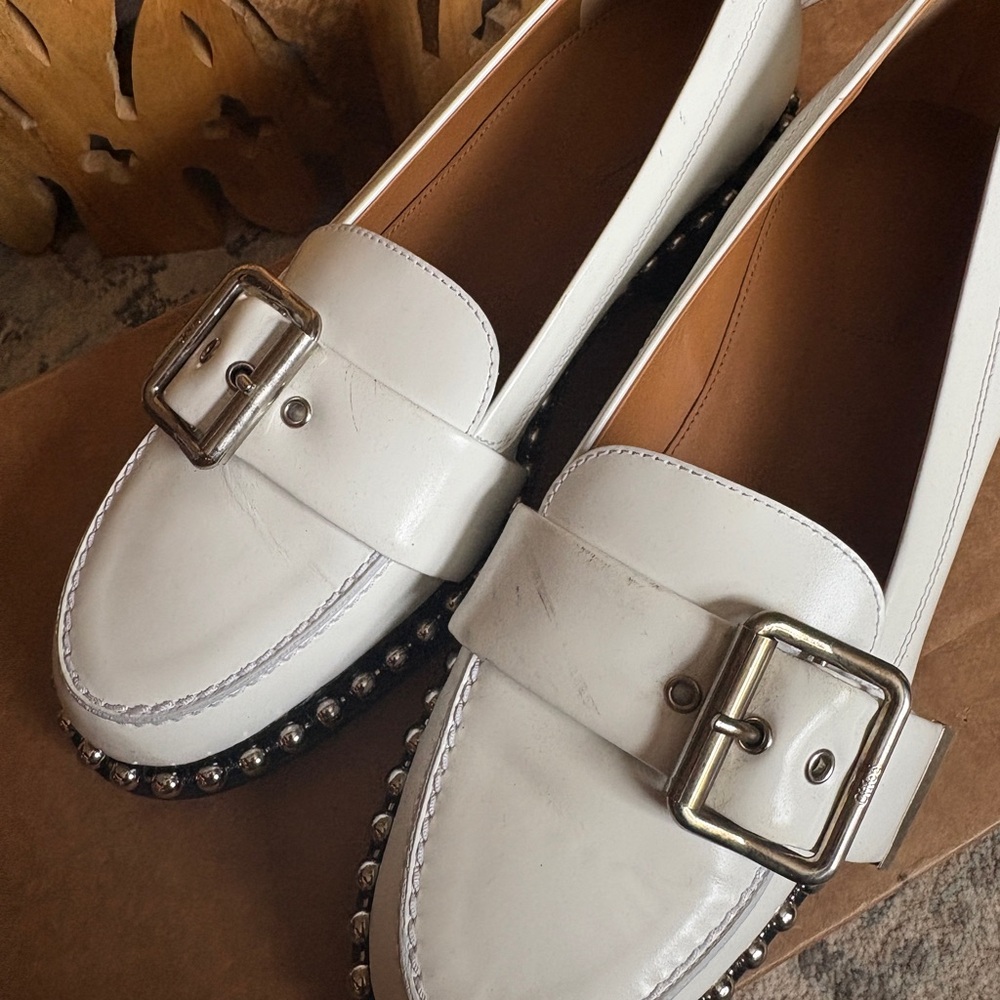 Chloe White Loafers with Silver Buckle and Studded Trim - Picture 2 of 9